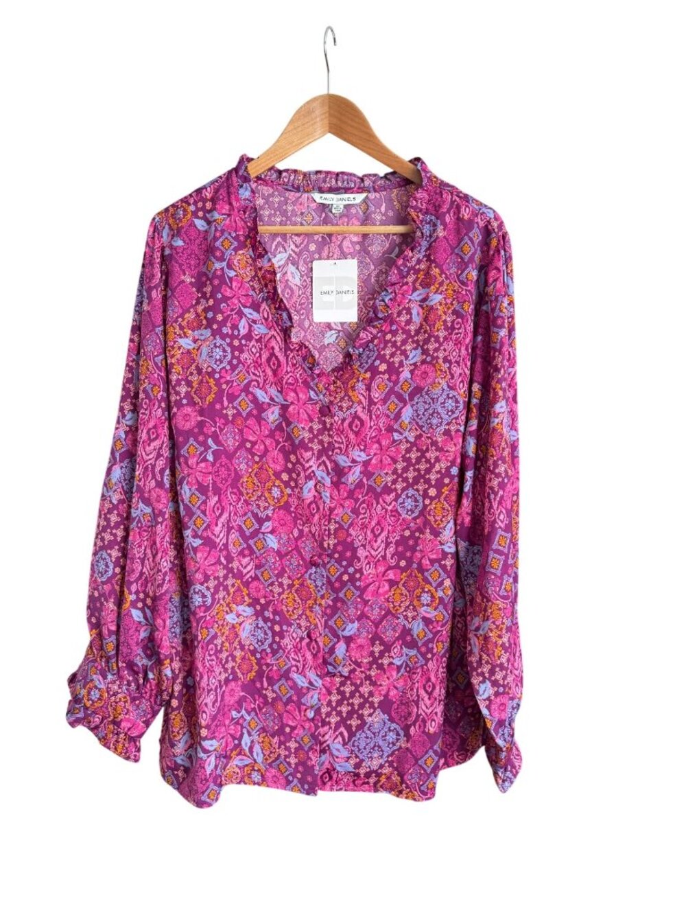Emily Daniels Floral Boho Button-Front Blouse Ruffle Neck Long Sleeves Size 3X - Picture 2 of 11
